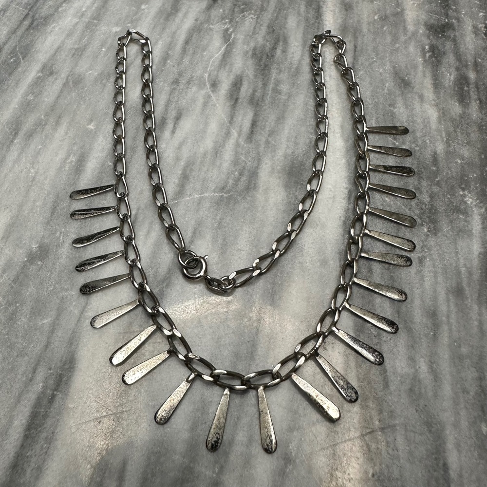 Vtg Sterling Silver Fringe Paddle Collar Necklace 16 Inch Brutalist Oval Link